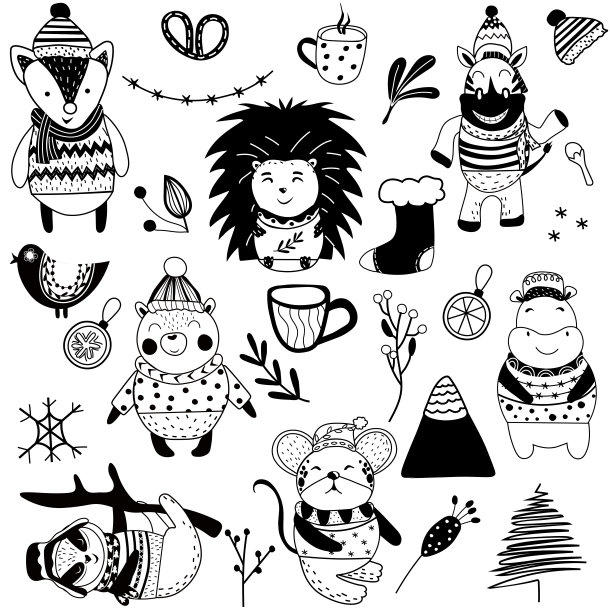 黑色和白色可爱的圣诞动物，狐狸，熊，老鼠，斑马，和圣诞元素。卡通人物套装。幼儿园的艺术。北欧风格。矢量图图片下载