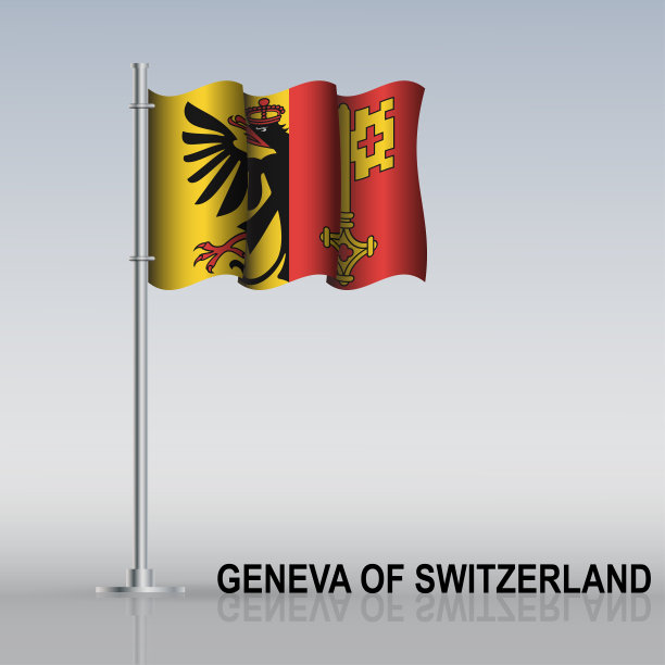 桌子上的旗杆上飘扬着瑞士日内瓦的国旗图片下载