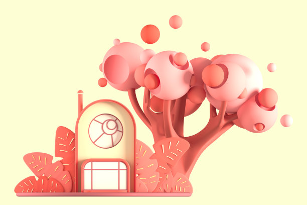 摘要卡通童话般的温馨小家，以柔和的秋色为背景，以梦幻的程式化的植物、树木和青草为背景，复制出孤立的空间。三维演示图片下载