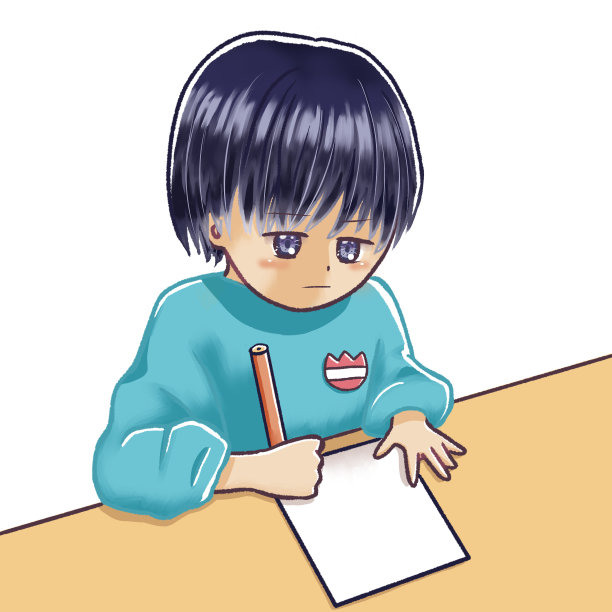 这个男孩正在书桌上用力写字。图片下载