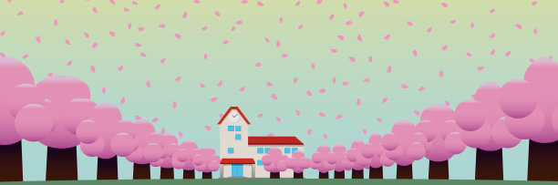 一座隧道学校建筑，花园路后面一排樱花树图片下载