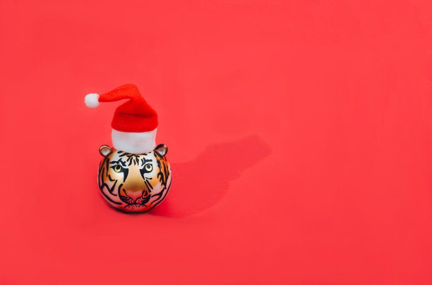 一个老虎形状的装饰，明亮的红色背景上圣诞老人的红帽子。2022年中国农历虎年创意概念。设计卡片或横幅。图片下载
