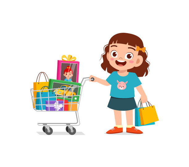 可爱的小女孩推着装满杂货的购物车图片下载