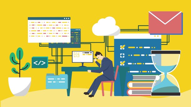 一个正在编程和办公的商人的插图(黄色)图片下载