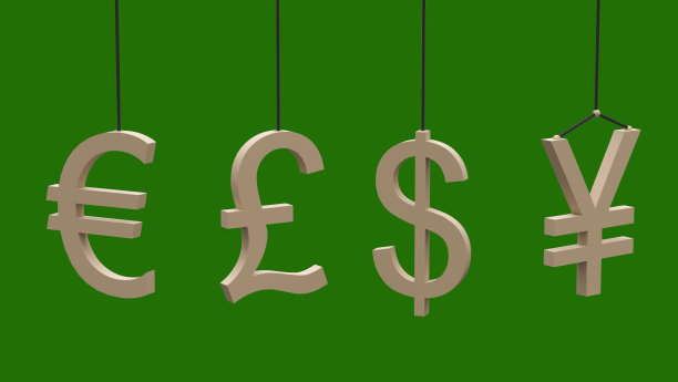 在中性的绿色背景下，货币符号在牛顿的摇篮摆上摆动。孤立。3 d渲染。融资的概念图片下载