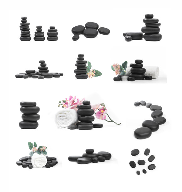 一套黑色温泉石孤立在白色背景-图像图片下载
