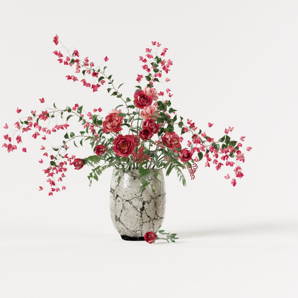 装饰牡丹和三角梅在陶瓷花瓶孤立在白色背景。图片下载