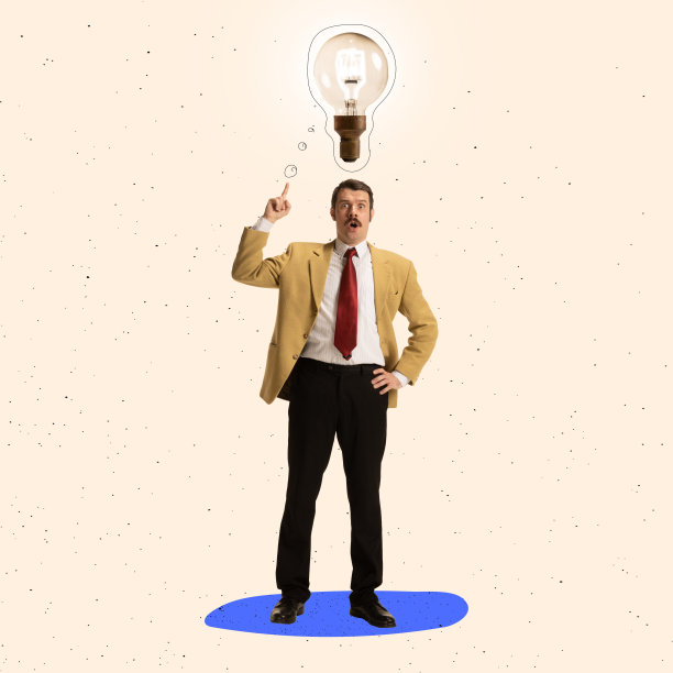 创意商业拼贴画，商人头顶灯泡，象征思想、灵感和创新图片下载