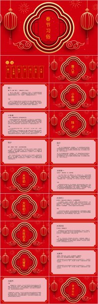 红色喜庆春节新年习俗介绍PPT模板素材图片