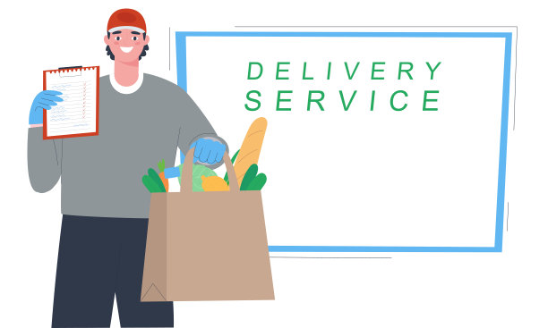 配送服务理念。这个人拿出一袋食品。购物清单。送货服务文本。图片下载