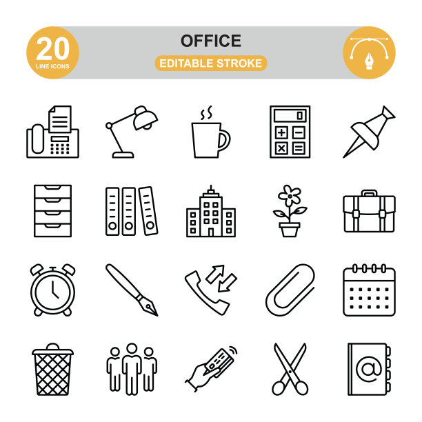 办公室的图标集。可编辑的中风。图标集包含如手机，咖啡杯，公文包，办公大楼，剪刀，花，bin，文件夹，日历，计算器等图标。图片下载