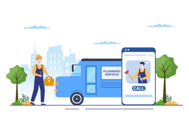 在线管道服务与水管工修理，维护修理家庭和清洁浴室设备在平面背景插图图片下载