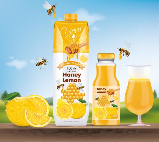 野花蜂蜜产品包装设计插图与蜂蜜勺和滴液。图片下载