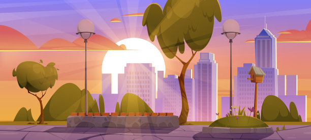 城市公园与长椅日落城市景观景观图片下载