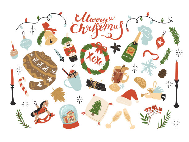 为圣诞节和新年装饰收集剪贴画元素。可爱的节日庆祝，温馨的家居元素。平面风格在矢量插图。纸和纺织品设计。孤立。图片下载