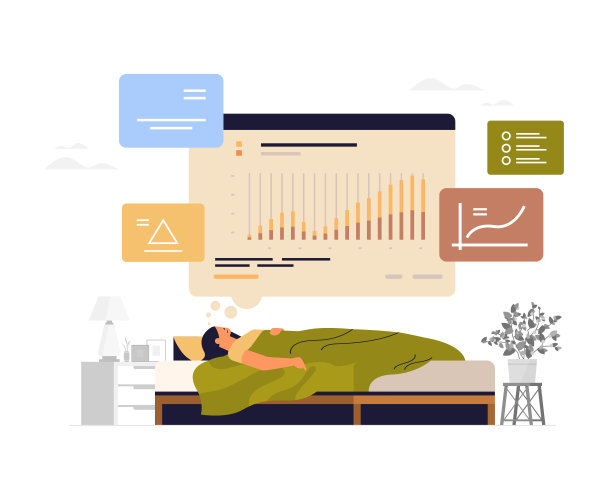 劳累过度的女商人睡在床上，疲惫的女商人思考着金融公司的统计数据报告图片下载