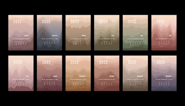 2022年垂直日历每月分开。每月个人计划模板。峰值剪影抽象梯度彩色背景，设计印刷和数字图片下载