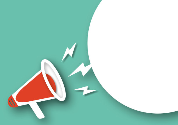 红色扩音器与白色的演讲卡和闪光符号在柔和的绿色背景。广告的概念。图片下载