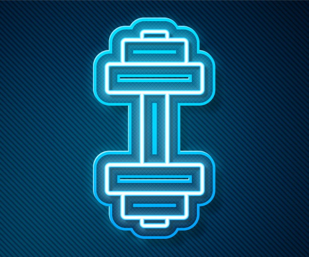 发光的霓虹灯线哑铃图标孤立在蓝色图片下载