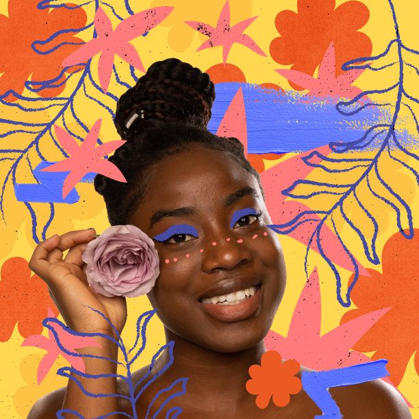 微笑美丽的深色皮肤的女孩画在明亮的花卉背景。当代艺术品。杂志封面设计。图片下载