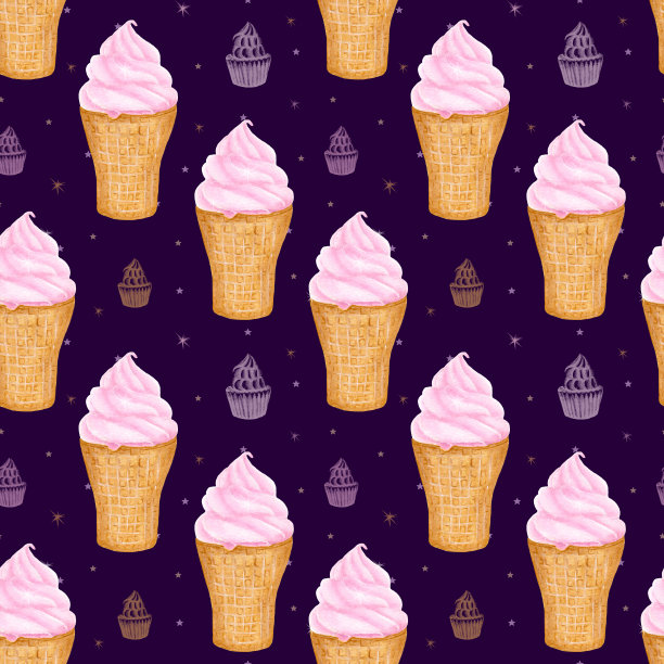 脆皮华夫饼杯里的水彩冰淇淋。无缝图案与冰淇淋在紫色的背景。清凉的冰淇淋。夏天的甜点。手绘。图片下载