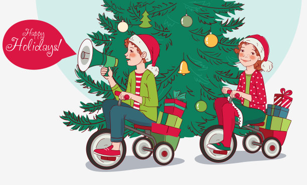 可爱的男孩和女孩骑自行车。对着扩音器大喊大叫的滑稽男孩。圣诞插图矢量概念图片下载