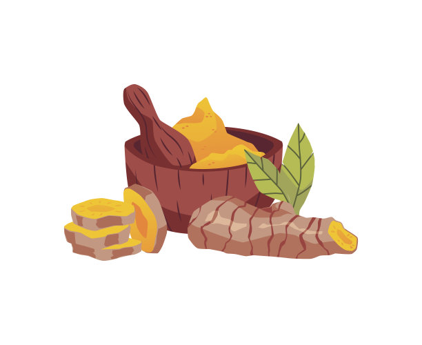 姜黄粉在碗，卡通现实矢量插图。姜黄香料和带叶的根包装设计图片下载