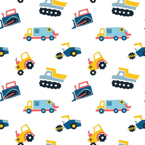 无缝花样手绘可爱汽车卡车，拖拉机，货物起重机，推土机，挖掘机。图片下载