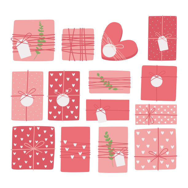 套装的礼品盒与丝带和弓顶视图。心形盒子。情人节快乐。我爱你。图片下载