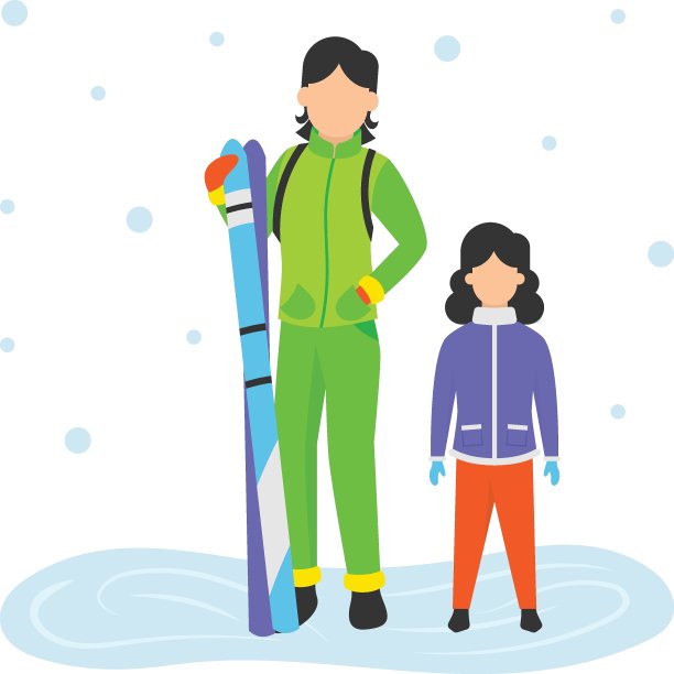 微笑的白人母亲和女儿持有滑雪杆概念矢量颜色图标设计，冬季活动场景符号，冬季标志，节日庆祝在雪山公园股票插图图片下载