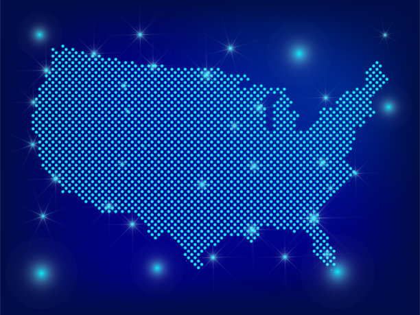 蓝色的美国地图。点地图。点美国地图与聚光灯在深蓝色的背景上。全球社交网络。蓝色未来主义背景与美国地图。EPS10图片下载