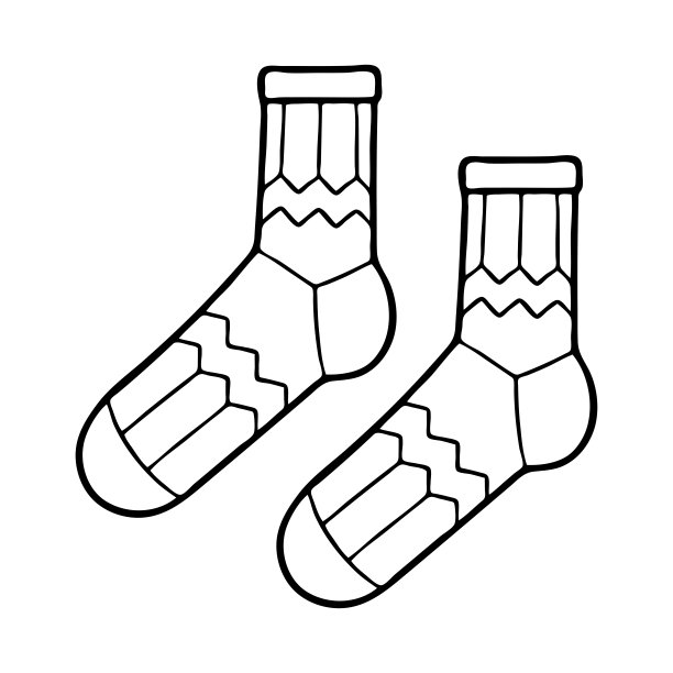 一双温暖的袜子着色页。脚上的衣服，装饰着图案。衣柜项目。手绘矢量线艺术插图。儿童涂色书。黑白草图图片下载