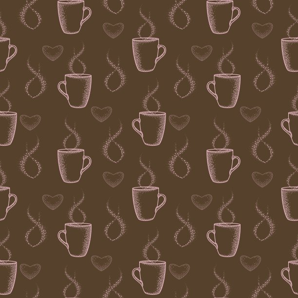 单色粉红色图案，杯与热饮，精致无缝图案在棕色巧克力背景图片下载