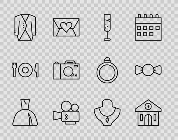 Set line女装，教堂建筑，香槟的玻璃，电影相机，西装，照片，人体模型的项链和领结图标。向量图片下载