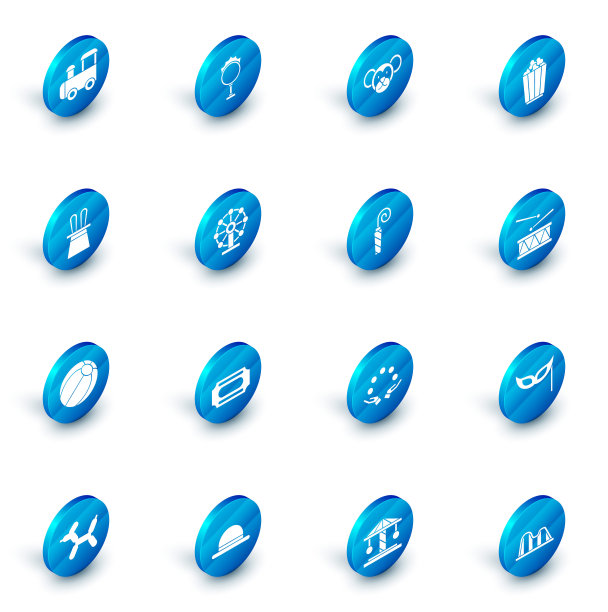 设置马戏团火圈，猴子，爆米花在盒子，魔术师的帽子和兔子耳朵，沙滩球，摩天轮，鼓与鼓棒和生日聚会的号角图标。向量图片下载