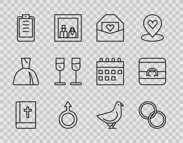 集行圣经书，结婚戒指，信封与情人节的心，男性的性别符号，剪贴板清单，玻璃香槟，鸽子和图标。向量图片下载