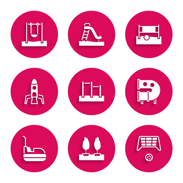 设置单杠，森林，足球球门与球，儿童游乐场滑梯管，碰碰车，火箭船，排球网和秋千图标。向量图片下载