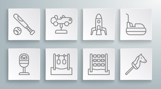 设置线垃圾桶，摇摆车，体操戒指，Tic tac toe游戏，玩具马，火箭船，保险杠和棒球棒与球的图标。向量图片下载