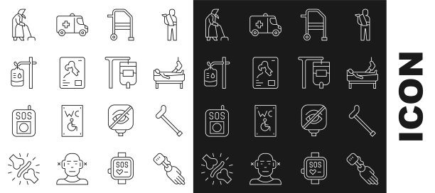 假肢手，拐杖，断腿病人，助行器，x光片，静脉输液袋，奶奶和图标。向量图片下载