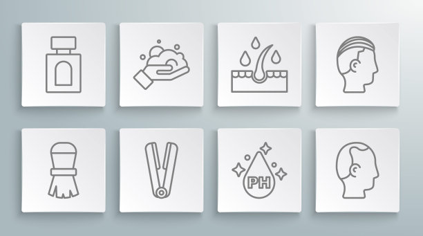 设置线剃须刷，泡沫在手，卷发铁，油护理治疗，秃顶，发型和须后水图标。向量图片下载