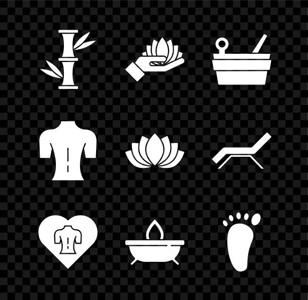 集竹木、荷花、桑拿桶、按摩、香薰蜡烛、足部按摩、图标于一体。向量图片下载