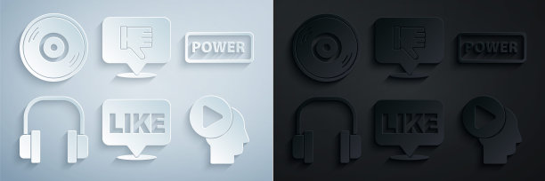 设置语音气泡，电源按钮，耳机，人与播放，不喜欢和光盘图标。向量图片下载
