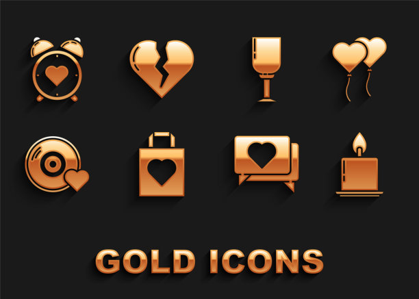 集购物袋与心，气球形式，燃烧的蜡烛，喜欢，浪漫的音乐，酒杯，心脏中心闹钟和破碎的离婚图标。向量图片下载