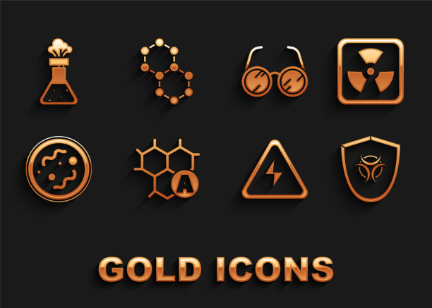 设置化学配方，放射性，生物危害标志，屏蔽，高压标志，细菌，实验室玻璃，试管和烧瓶化学和分子图标。向量图片下载