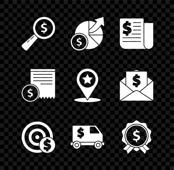 设置放大镜和美元，货币图表，金融新闻，目标符号，装甲卡车，价格标签，纸检查财务检查和地图指针星形图标。向量图片下载