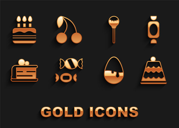 设置糖果，蛋糕，巧克力蛋，一块蛋糕，棒棒糖，燃烧的蜡烛和樱桃图标。向量图片下载