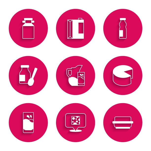 设置牛奶罐或水罐和玻璃，奶酪，黄油盘，玻璃和牛奶，饮用酸奶瓶，和罐头容器图标。向量图片下载