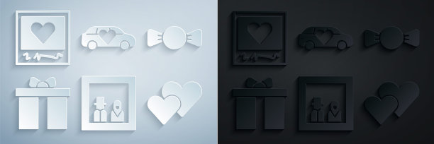 设置家庭照片，领结，礼品盒，心脏，豪华轿车和相框和心脏图标。向量图片下载