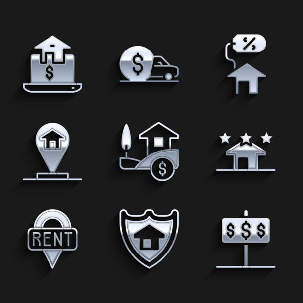 设置房子与美元，盾，房地产，位置键，房子，百分比和在线真实的图标。向量图片下载