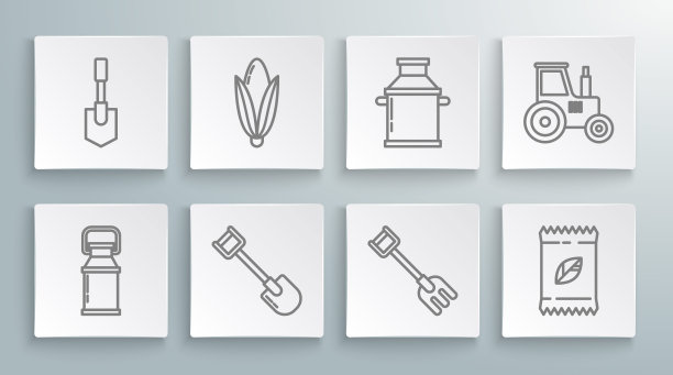 设置线罐容器牛奶，玉米，铲子，花园耙子，一袋特定植物的种子，拖拉机和图标。向量图片下载